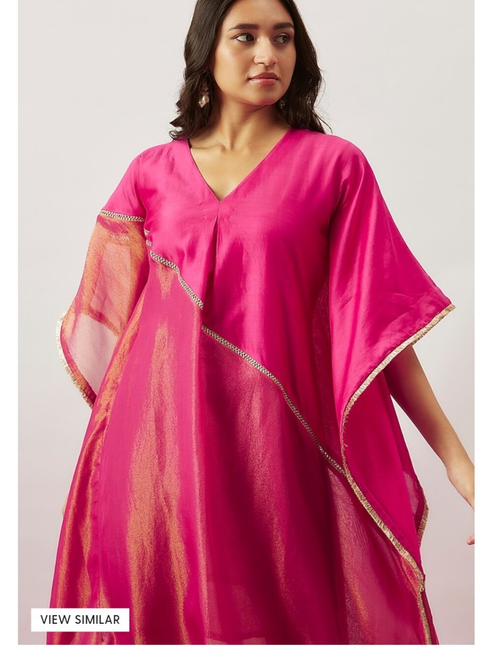 Fuchsia V-Neck Flowing Caftan with Gold Trim